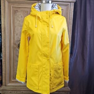 Topshop Bright Yellow Hooded Trench Raincoat With Pinstripe Details